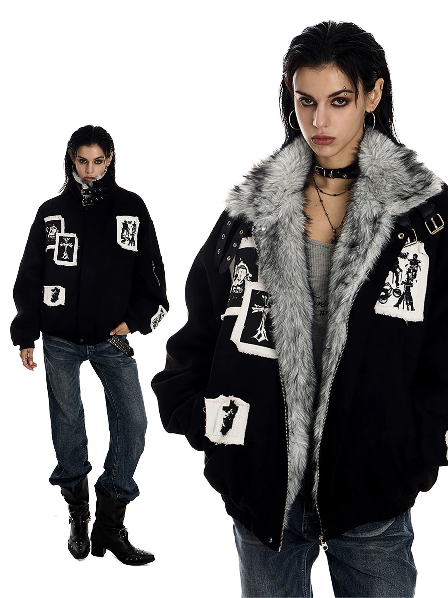 Omirad Patchwork Fur-Lined Bomber Jacket | Street Style