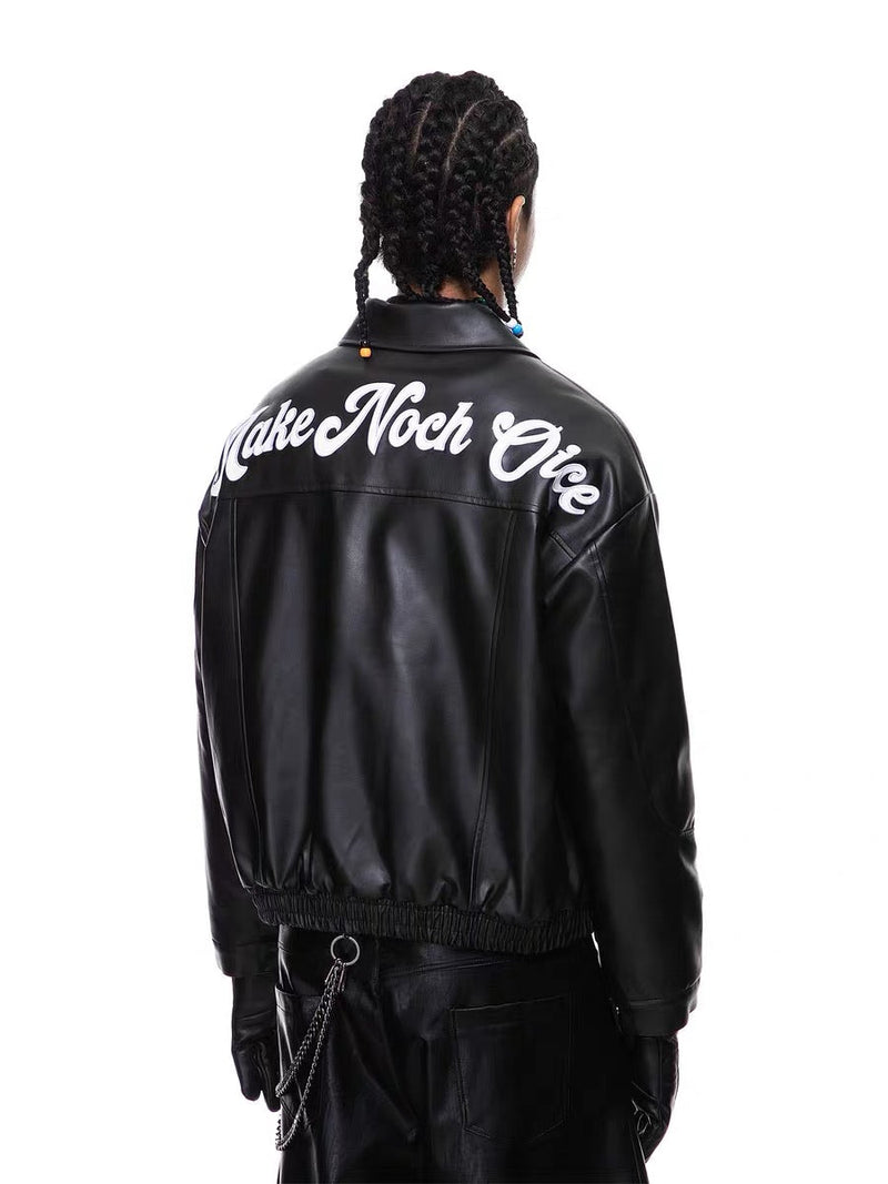 Omirad Vintage Lettering PU Leather Bomber Jacket