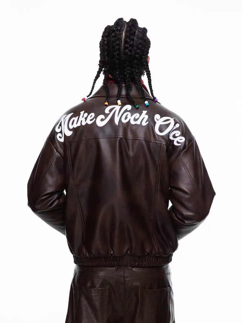 Omirad Vintage Lettering PU Leather Bomber Jacket
