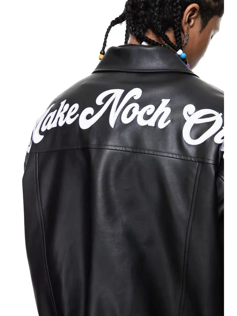 Omirad Vintage Lettering PU Leather Bomber Jacket