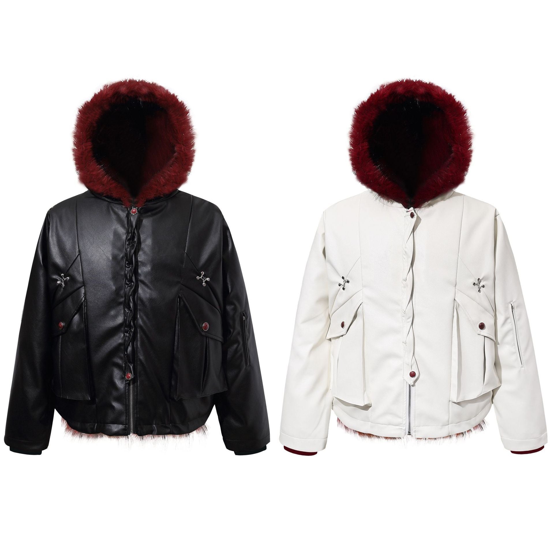 Black faux leather hooded jacket with deep burgundy faux fur hood trim and hem, metal cross rivets, and utility flap pockets
