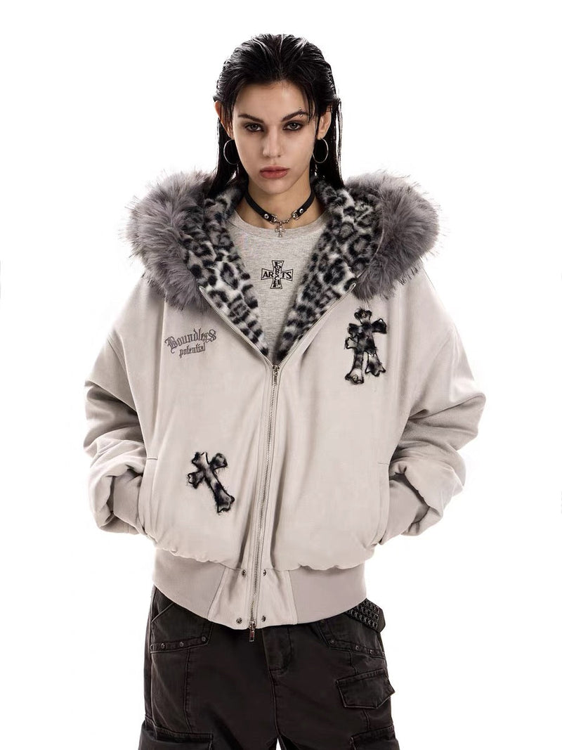 Cross Patch Faux Fur Hood Bomber Jacket | Streetwear