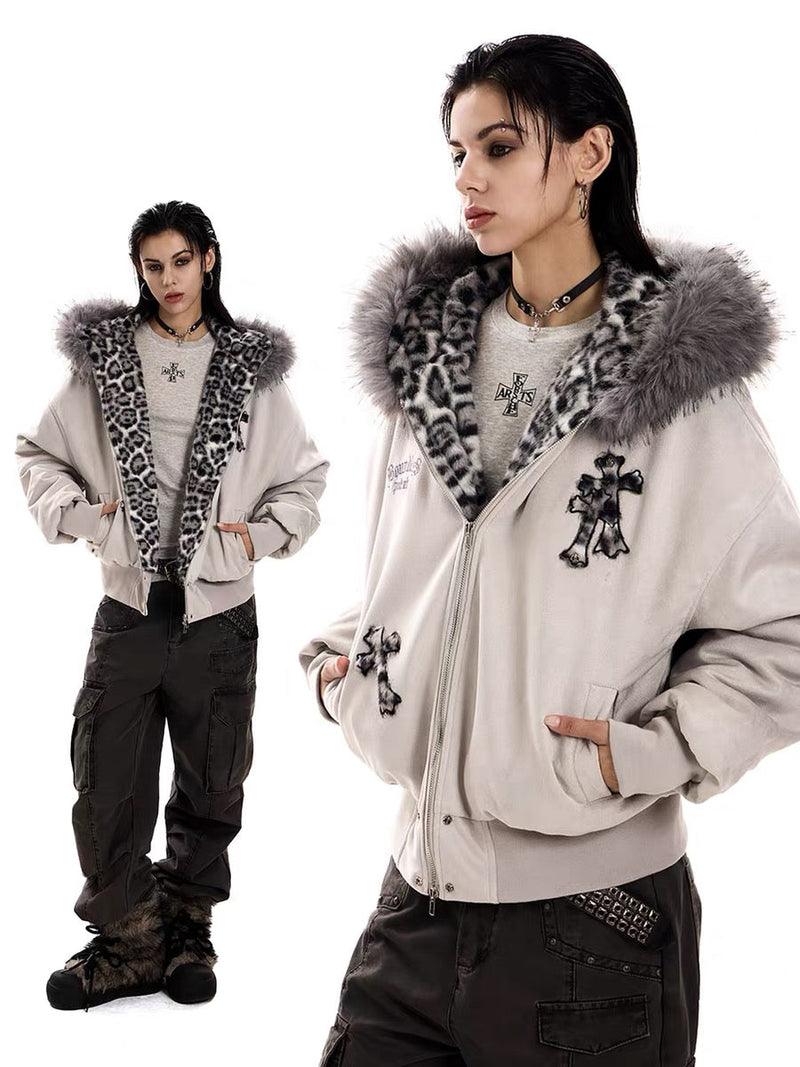 Cross Patch Faux Fur Hood Bomber Jacket | Streetwear