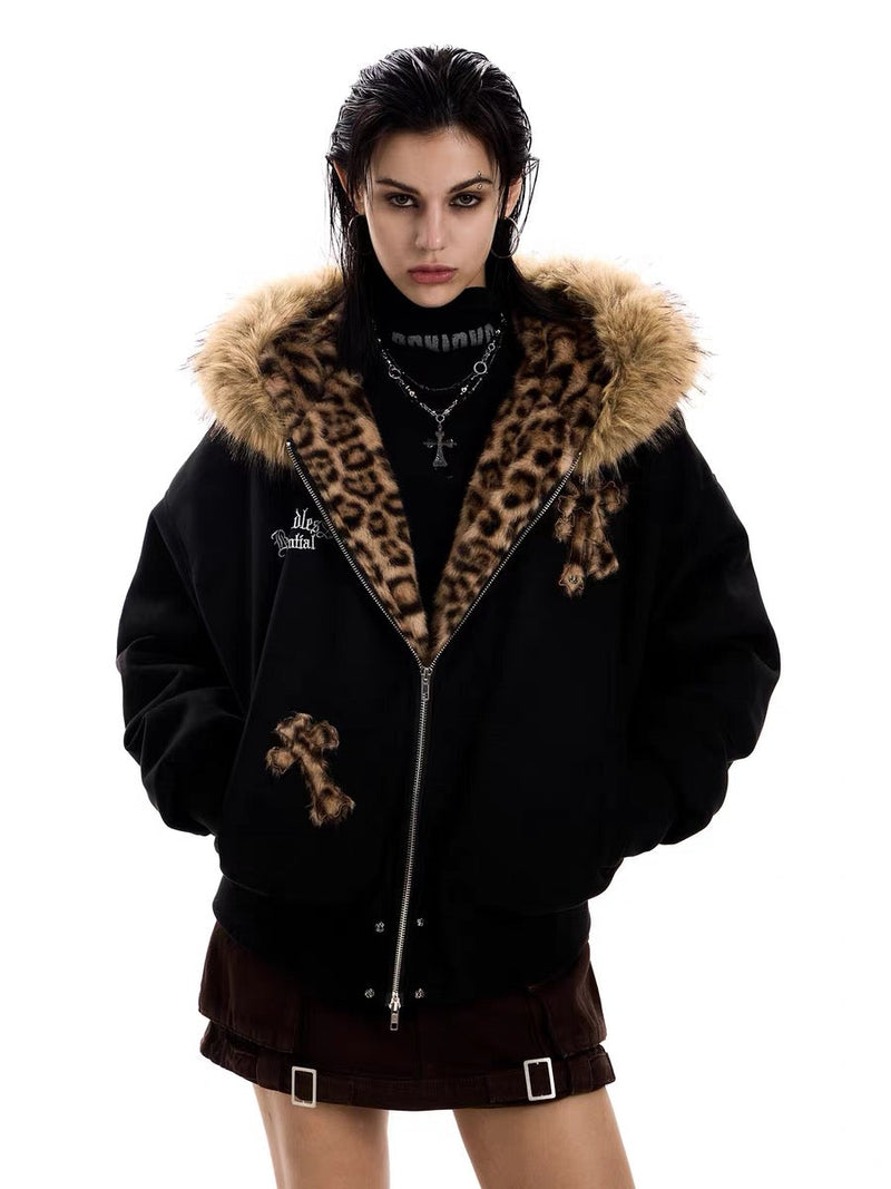 Cross Patch Faux Fur Hood Bomber Jacket | Streetwear