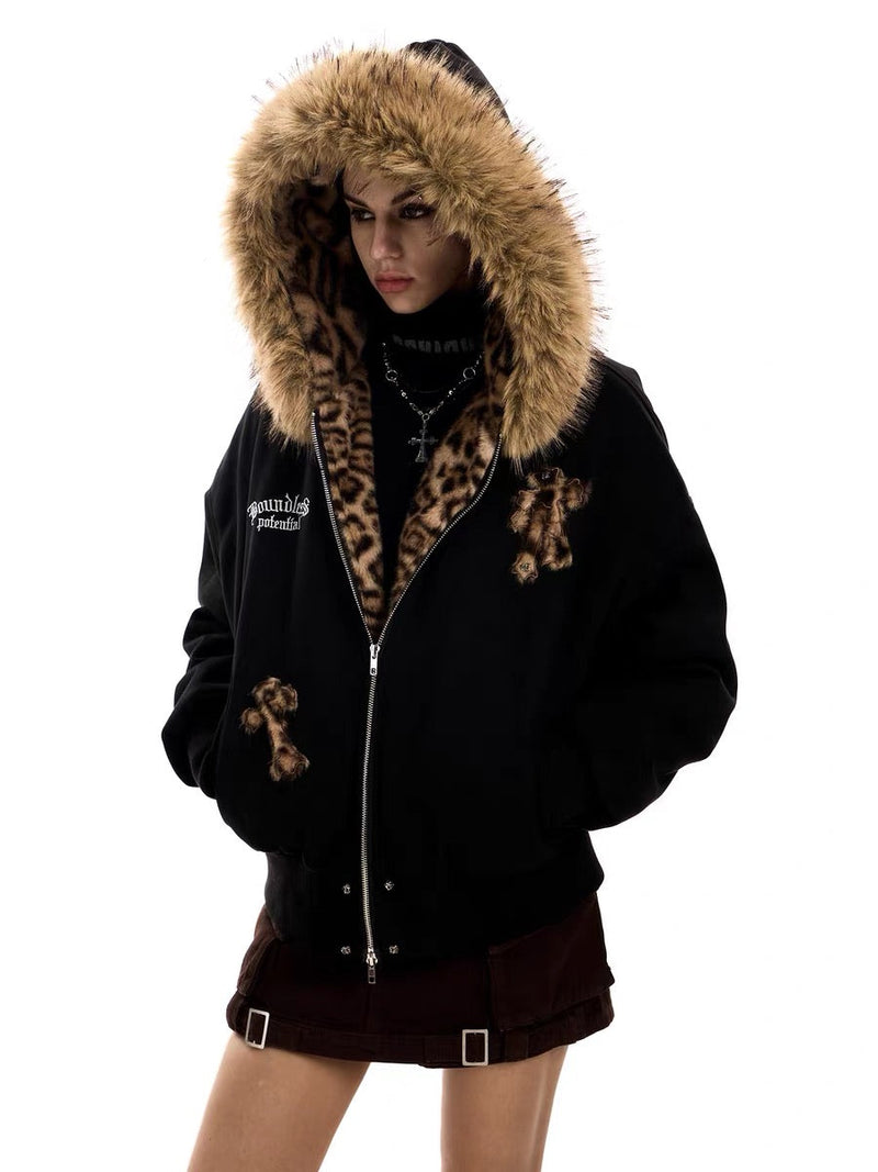 Cross Patch Faux Fur Hood Bomber Jacket | Streetwear