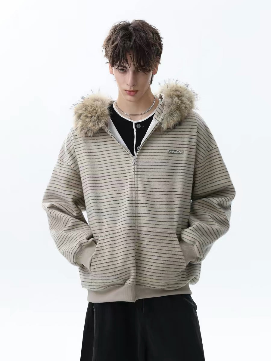 Striped Knit Zip Hoodie with Faux Fur Hood Trim