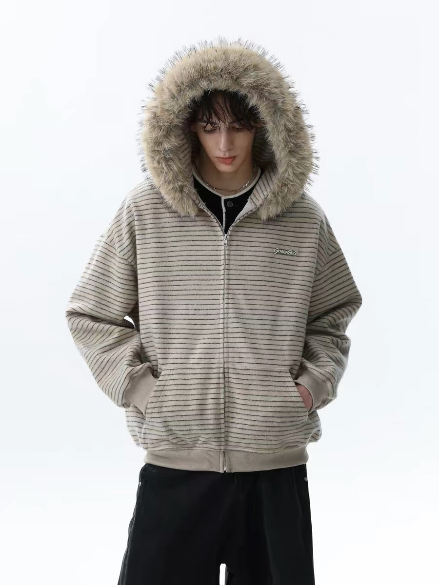 Striped Knit Zip Hoodie with Faux Fur Hood Trim