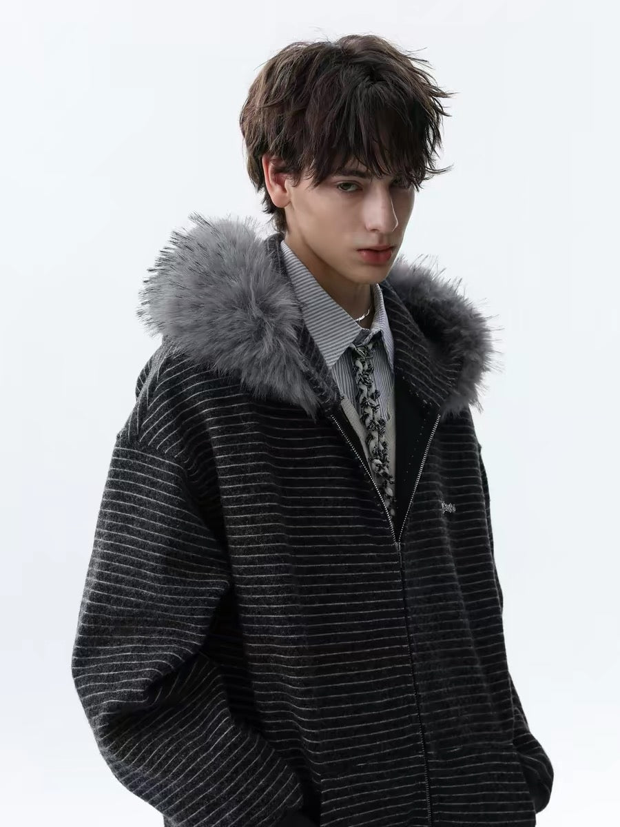 Striped Knit Zip Hoodie with Faux Fur Hood Trim