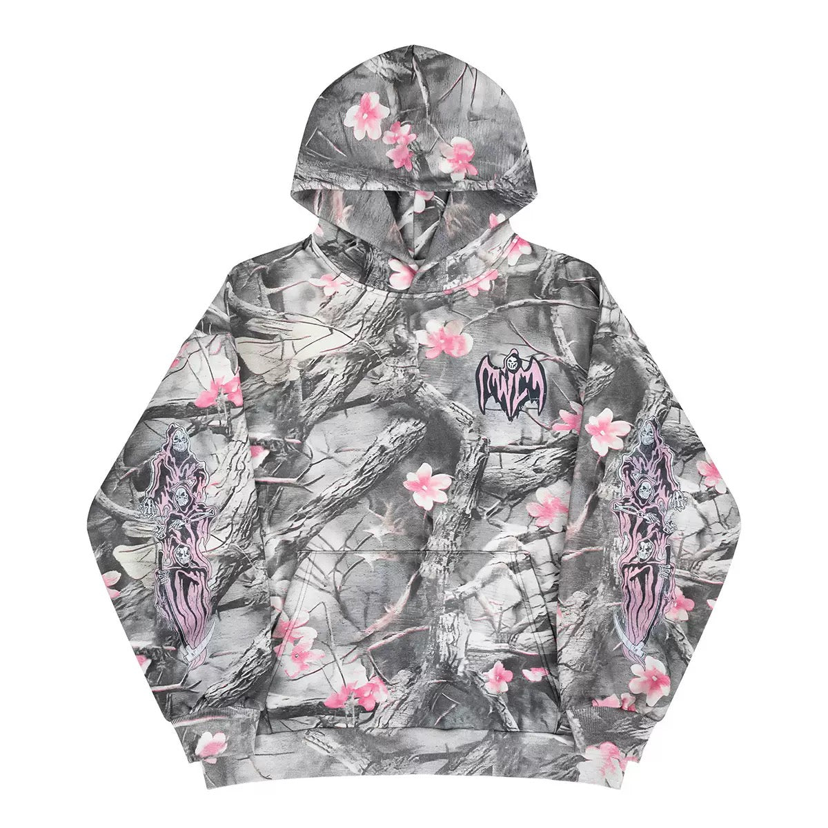 Flat lay of a grey woodland camo hoodie with pink sakura florals and gothic reaper graphics on chest and sleeves