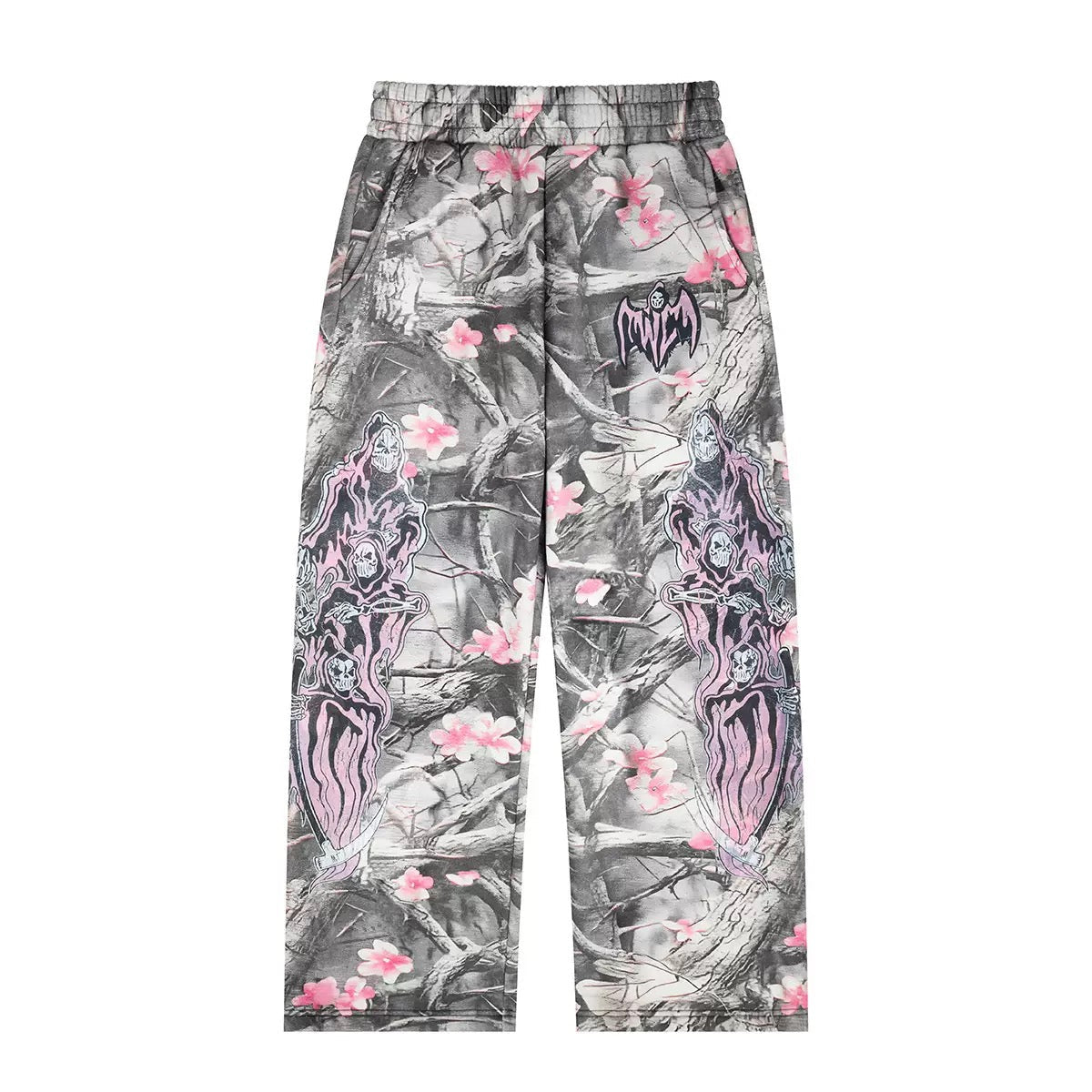 Omirad Sakura Camo Sweatpants with pink floral print and gothic reaper graphics on a grey woodland camo base