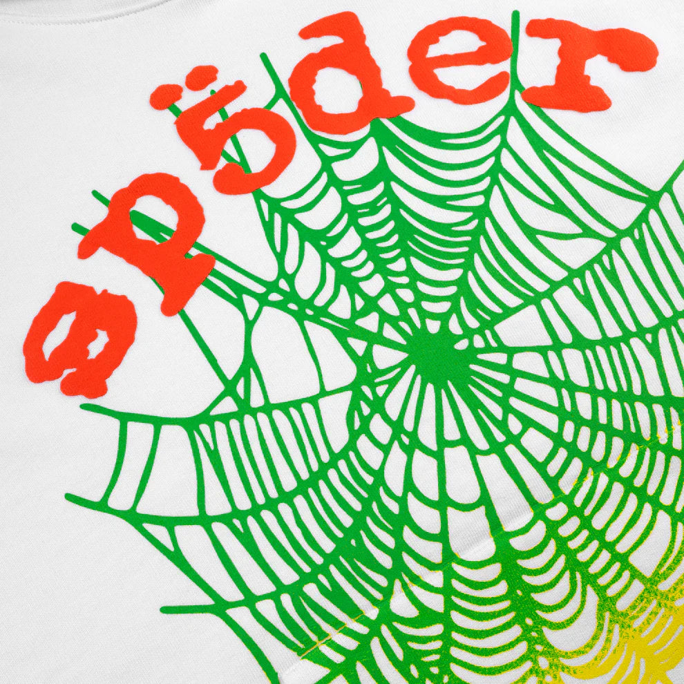 A graphic inspired by the Sp5der “Toxic Web” Hoodie – White & Neon Lime 440GSM features a green and yellow web with bold orange "spider" lettering, capturing Y2K streetwear vibes on a white oversized pullover.
