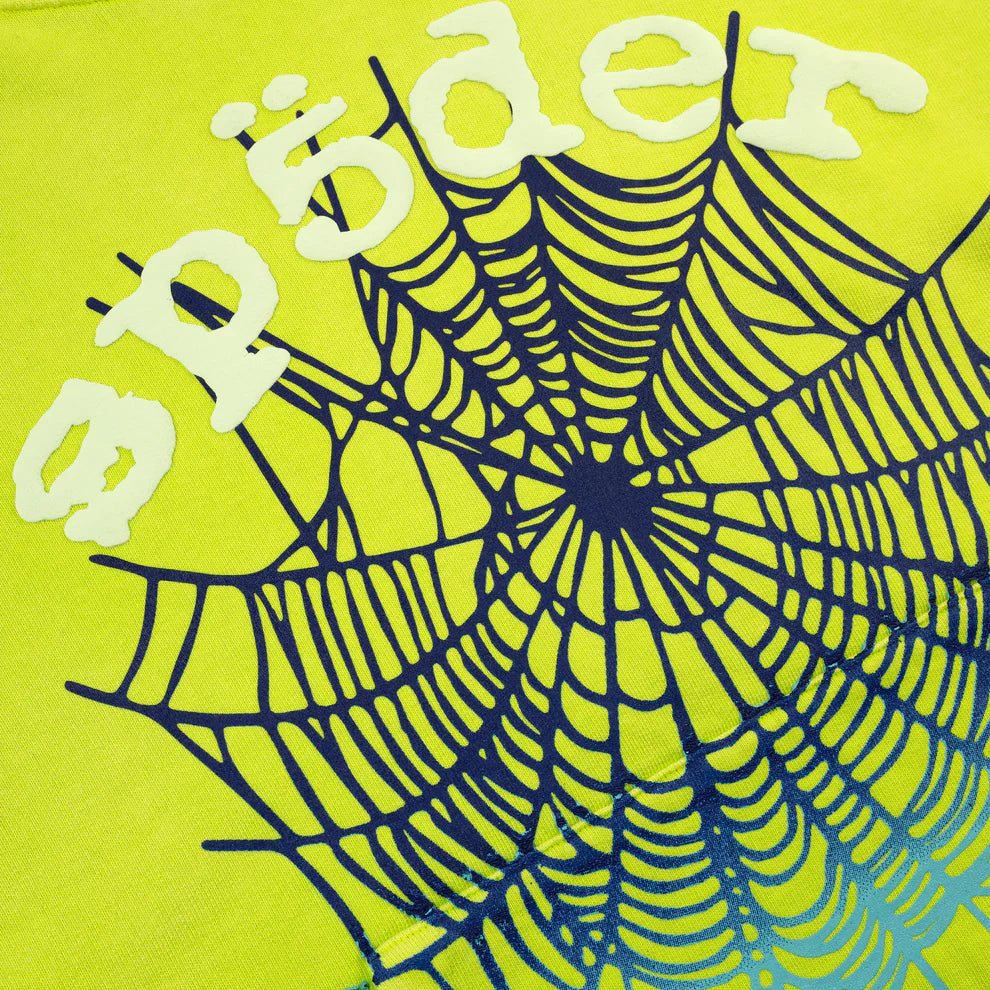 A bold black spider web graphic with “sp5der” in playful white on a neon green background makes the Sp5der Web Graphic Hoodie – Neon Green 440GSM Heavyweight Streetwear a standout for any streetwear enthusiast.
