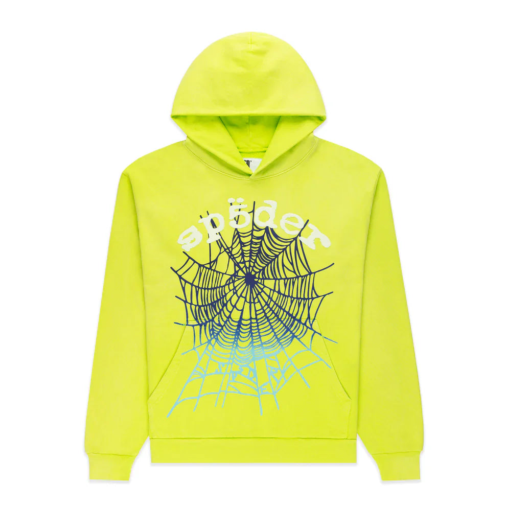 The Sp5der Web Graphic Hoodie – Neon Green 440GSM Heavyweight Streetwear features a bold blue and black spider web graphic with "sp5der" in white stylized text above, perfect for fans of standout urban fashion.