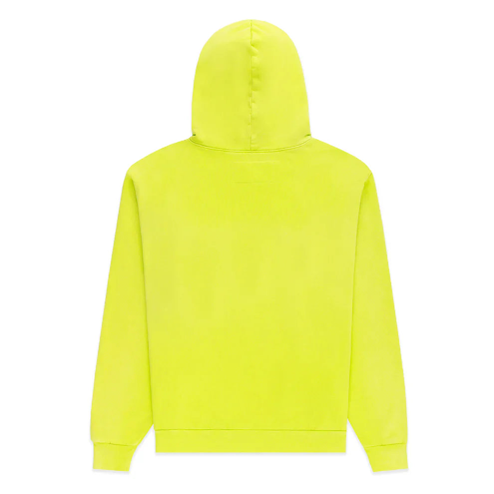 The Sp5der Web Graphic Hoodie – Neon Green 440GSM Heavyweight Streetwear is shown from the back, featuring a plain neon green design with a hood and long sleeves—ideal for pairing with your favorite streetwear looks.