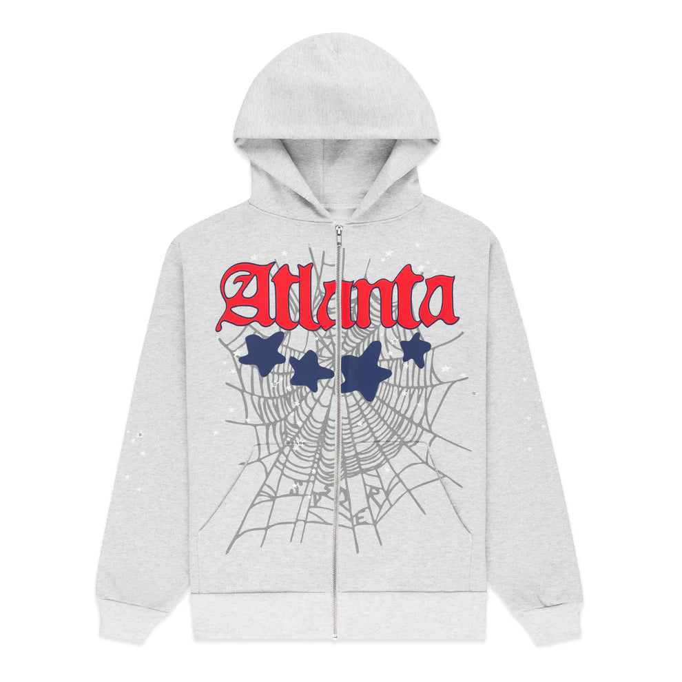 Sp5der Atlanta Web Zip Hoodie – Grey 440GSM Heavyweight Streetwear