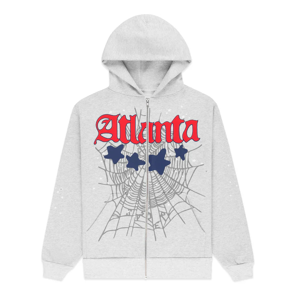 Sp5der Atlanta Web Zip Hoodie – Grey 440GSM Heavyweight Streetwear
