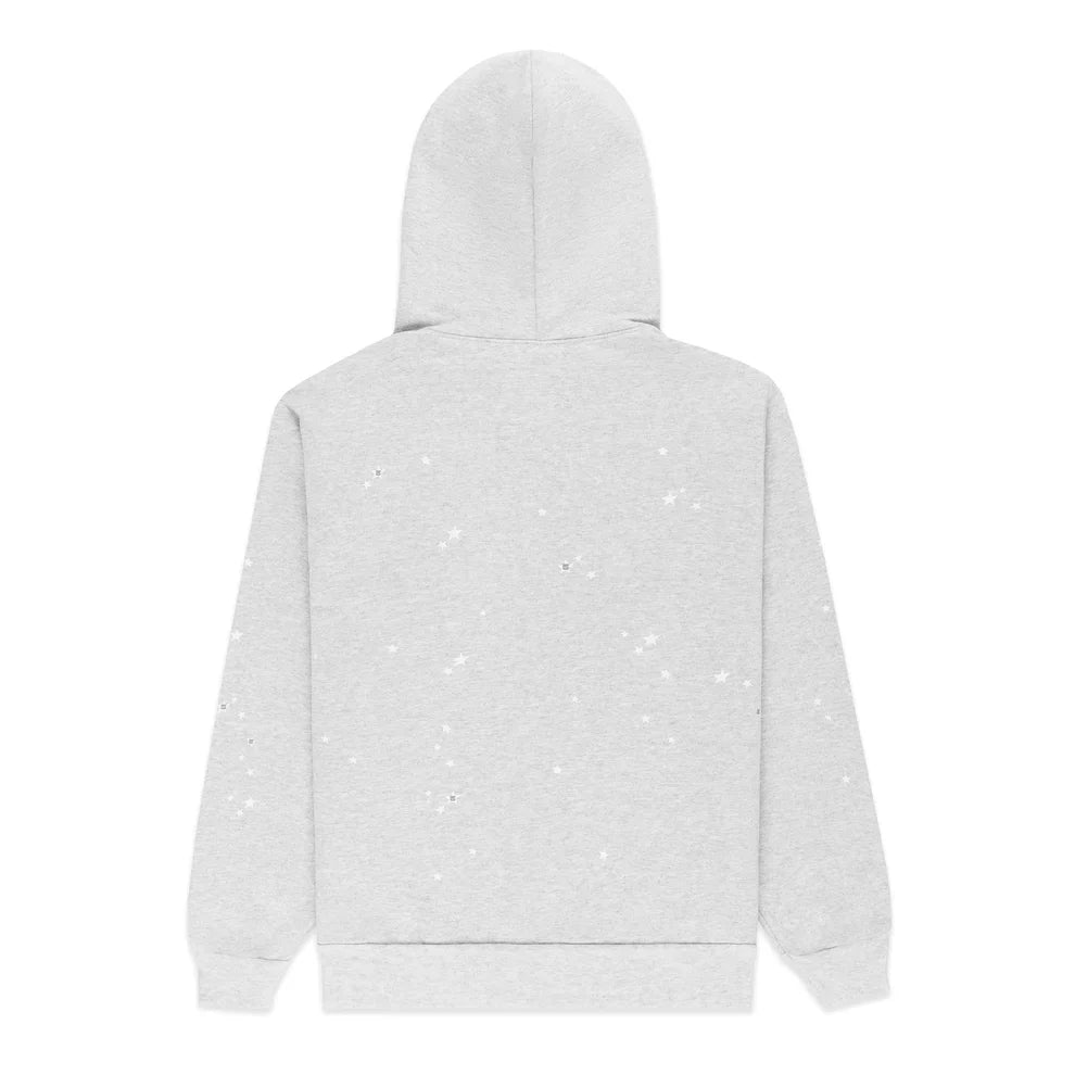 The Sp5der Atlanta Web Zip Hoodie – Grey 440GSM Heavyweight Streetwear is shown from the back, light gray with white speckles and a minimalist design, offering a clean look with no visible graphics or logos.