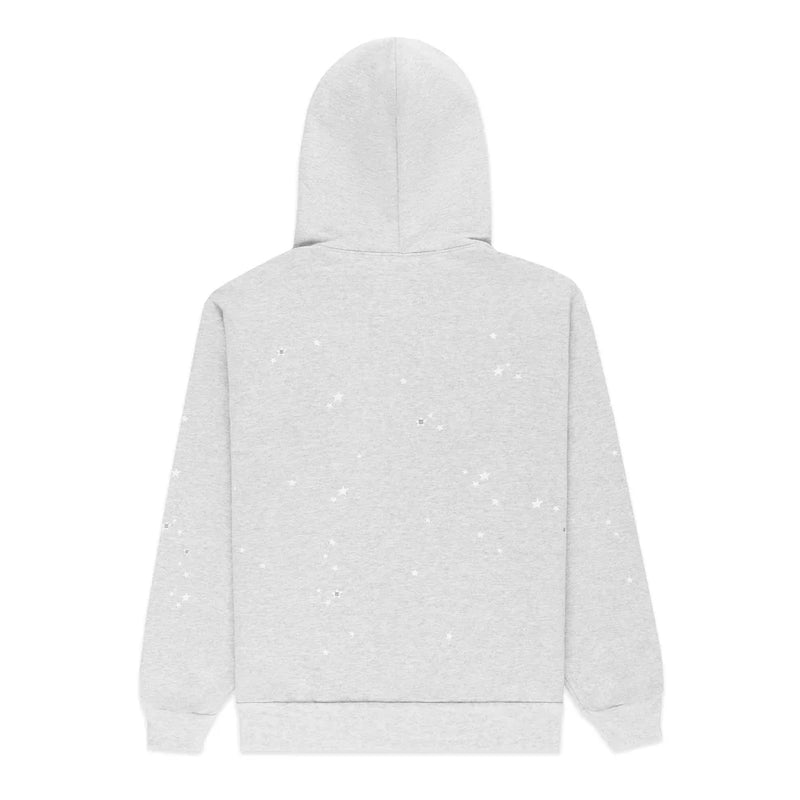 The Sp5der Atlanta Web Zip Hoodie – Grey 440GSM Heavyweight Streetwear is shown from the back, light gray with white speckles and a minimalist design, offering a clean look with no visible graphics or logos.