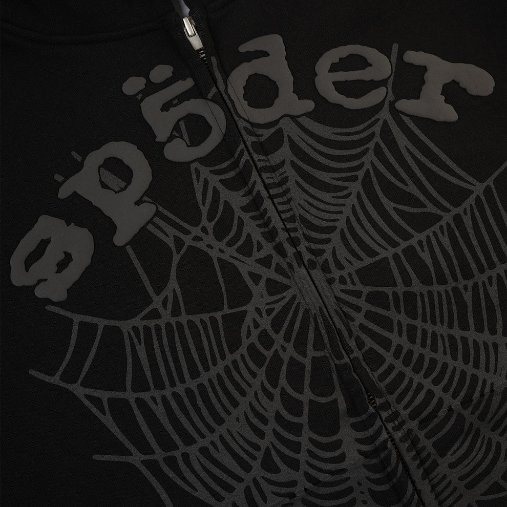 Sp5der Tonal Web Zip Hoodie – Black 440GSM Heavyweight Streetwear