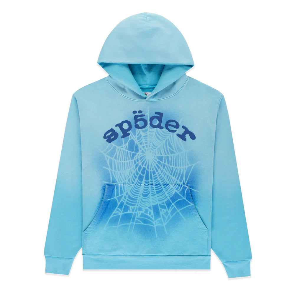 The Sp5der “Blue Venom” Web Hoodie – Sky Blue Fade is a 440GSM heavyweight oversized streetwear pullover featuring a bold white spiderweb and "sp5der" lettering, plus a hood, long sleeves, and front pocket for style and comfort.