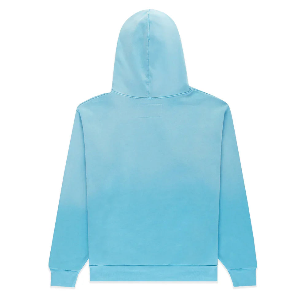 The Sp5der “Blue Venom” Web Hoodie in Sky Blue Fade is a heavyweight 440GSM oversized streetwear pullover, shown from the back with long sleeves, a fitted waistband, and no visible logos or designs.