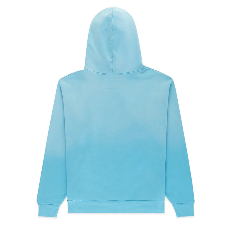 The Sp5der “Blue Venom” Web Hoodie in Sky Blue Fade is a heavyweight 440GSM oversized streetwear pullover, shown from the back with long sleeves, a fitted waistband, and no visible logos or designs.