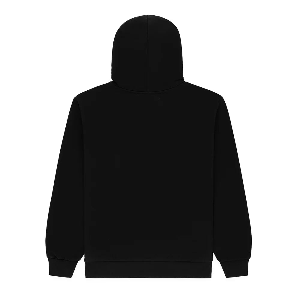 The Sp5der Tonal Web Zip Hoodie – Black 440GSM Heavyweight Streetwear is shown from the back against a white background, featuring long sleeves, ribbed cuffs, a relaxed fit, and a subtle tonal spider web graphic.