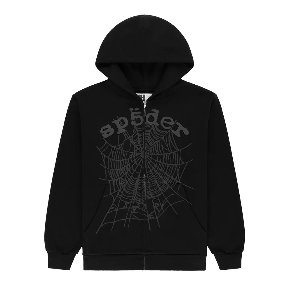 Sp5der Tonal Web Zip Hoodie – Black 440GSM Heavyweight Streetwear