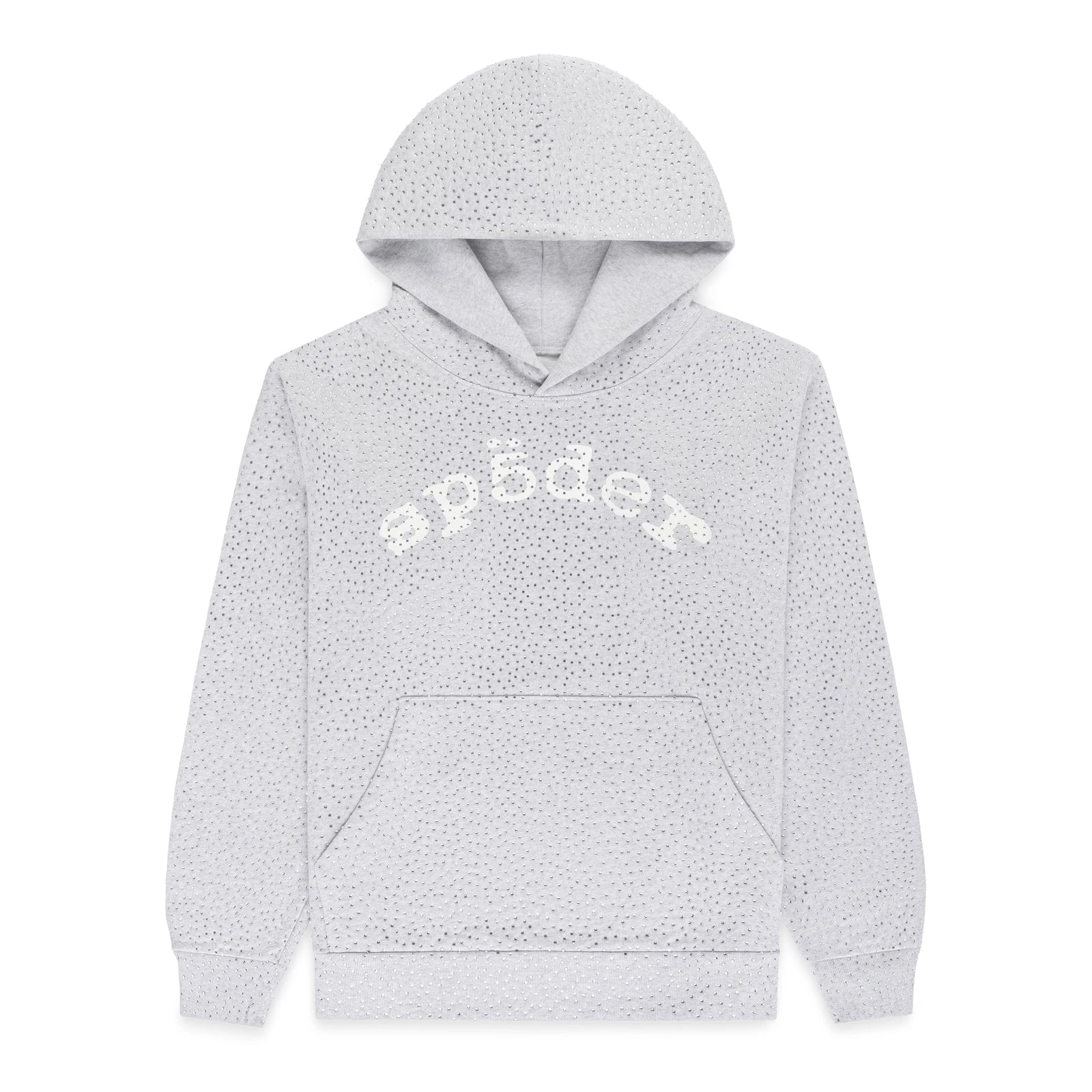 The Grey Sp5der Rhinestone VVS Hoodie 440GSM features an all-over rhinestone pattern, front pocket, hood, and "sp5der" in white letters across the chest for distinctive style.