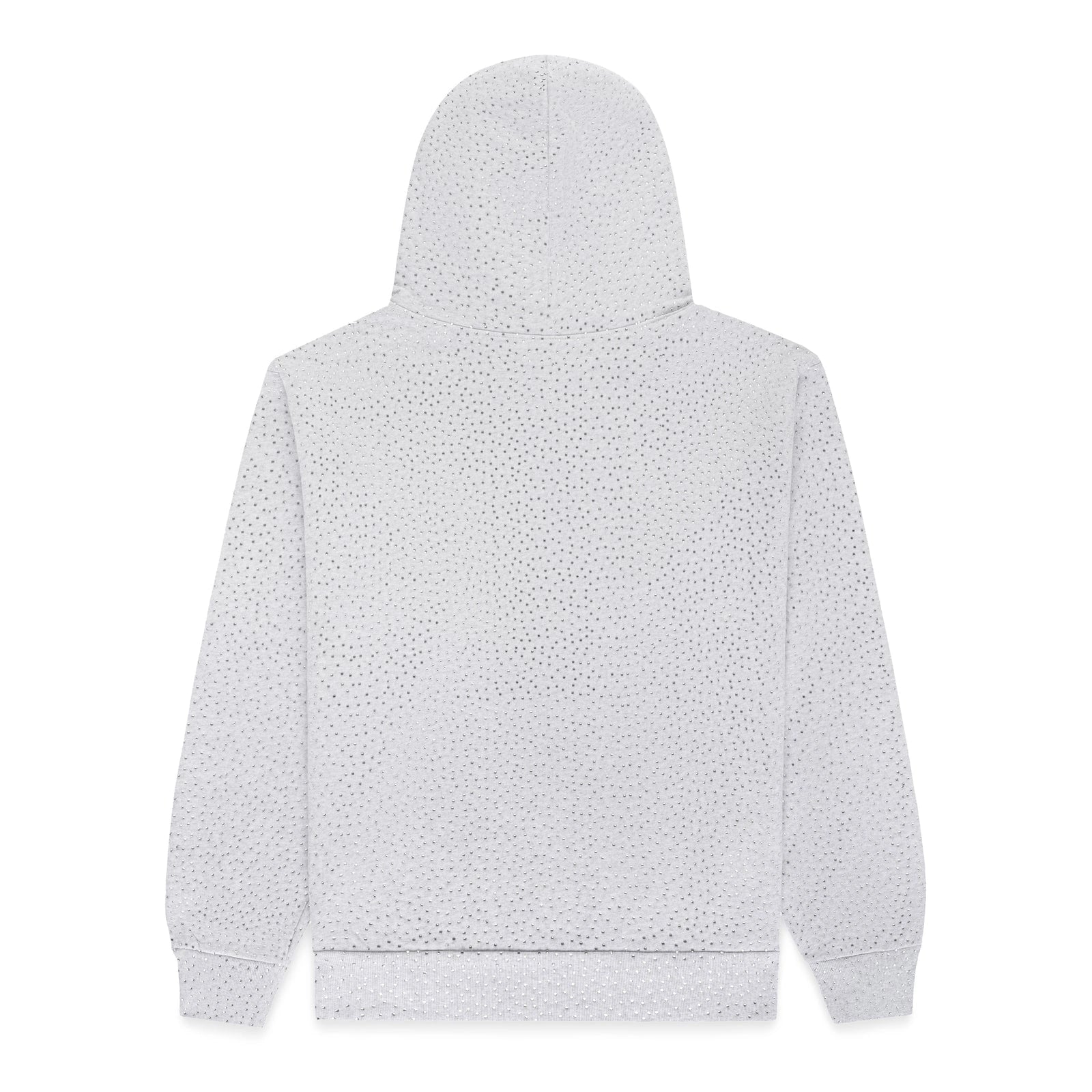 The Grey Sp5der Rhinestone VVS Hoodie 440GSM is shown from the back, displaying all-over rhinestones. This authentic Sp5der hoodie features long sleeves with ribbed cuffs and hem for a stylish, comfortable fit.