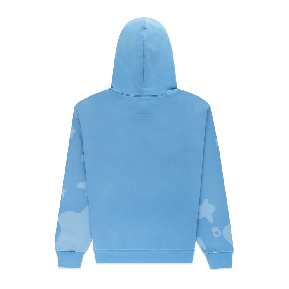 The Sp5der Star Hoodie – Baby Blue 440GSM is a heavyweight, oversized streetwear pullover with light blue star and cloud sleeve patterns, plain back, and hood up—ideal for Y2K-inspired looks.