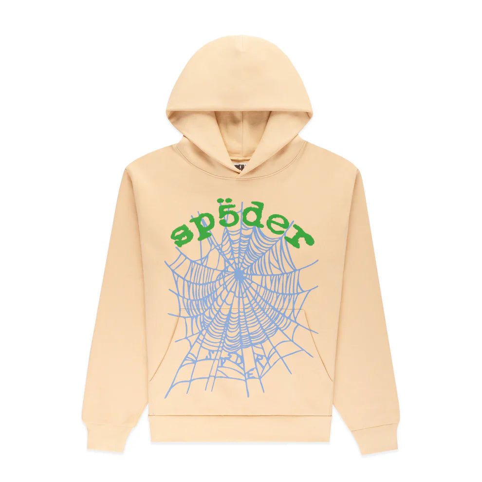 The Sp5der "Sky Web" Hoodie is a cream 440GSM oversized streetwear pullover with green "spöder" text and a bold blue spiderweb graphic on the front, perfect for Y2K-inspired looks.