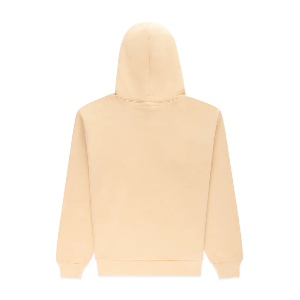 The Sp5der “Sky Web” Hoodie in cream, blue, and green is shown from the back with the hood up. This oversized 440GSM streetwear pullover features long sleeves and heavyweight cotton fleece with a minimalist Y2K-inspired design.
