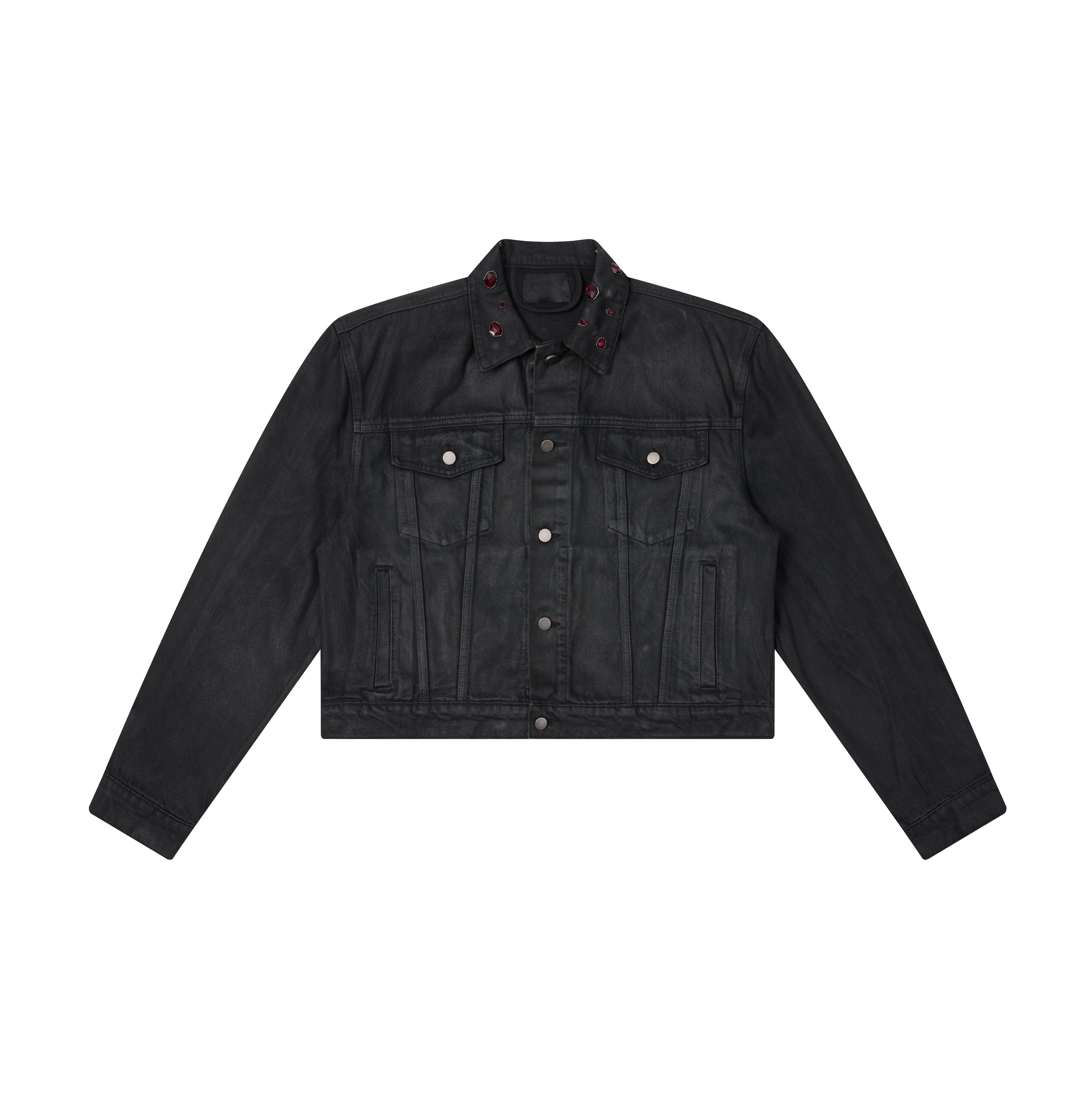 Omirad Jewel Collar Cropped Trucker Jacket | Black