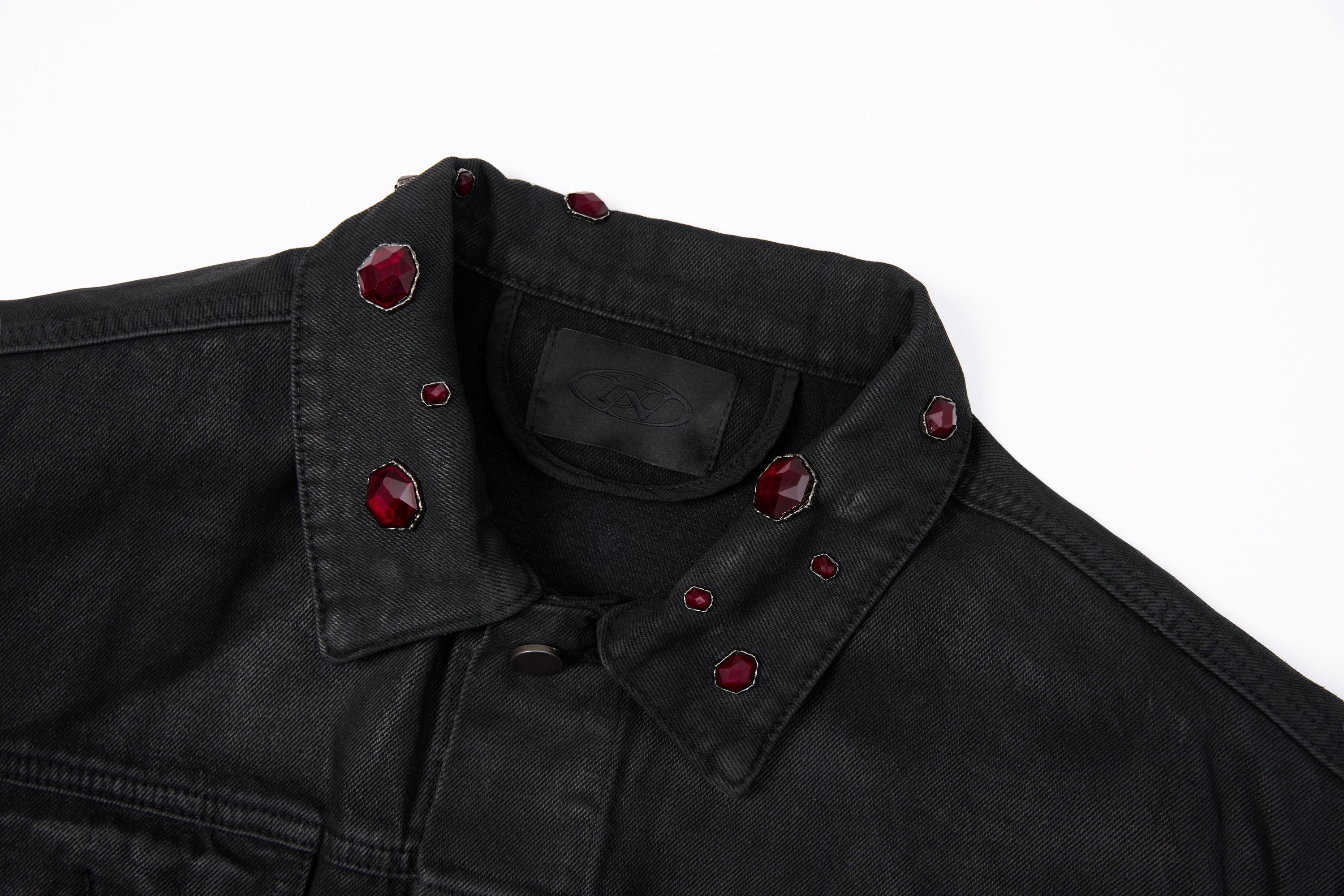 Omirad Jewel Collar Cropped Trucker Jacket | Black