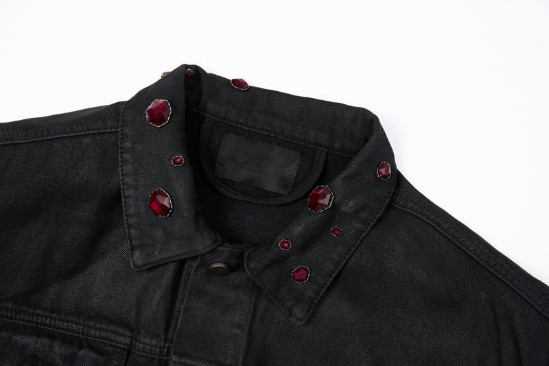 Omirad Jewel Collar Cropped Trucker Jacket | Black