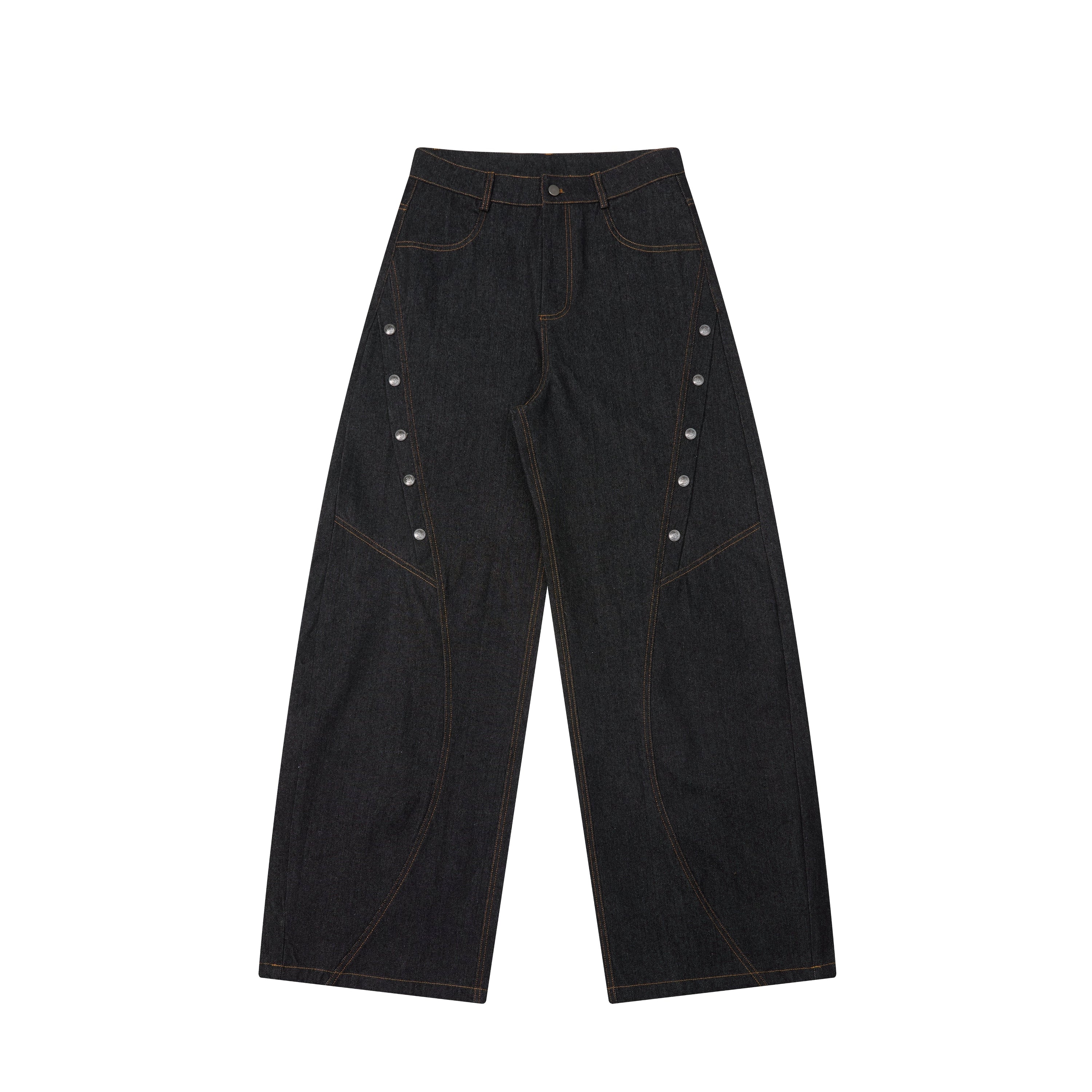 SEAKOFF wide-leg black denim jeans with silver rivet side panels and contrast amber stitching, front view