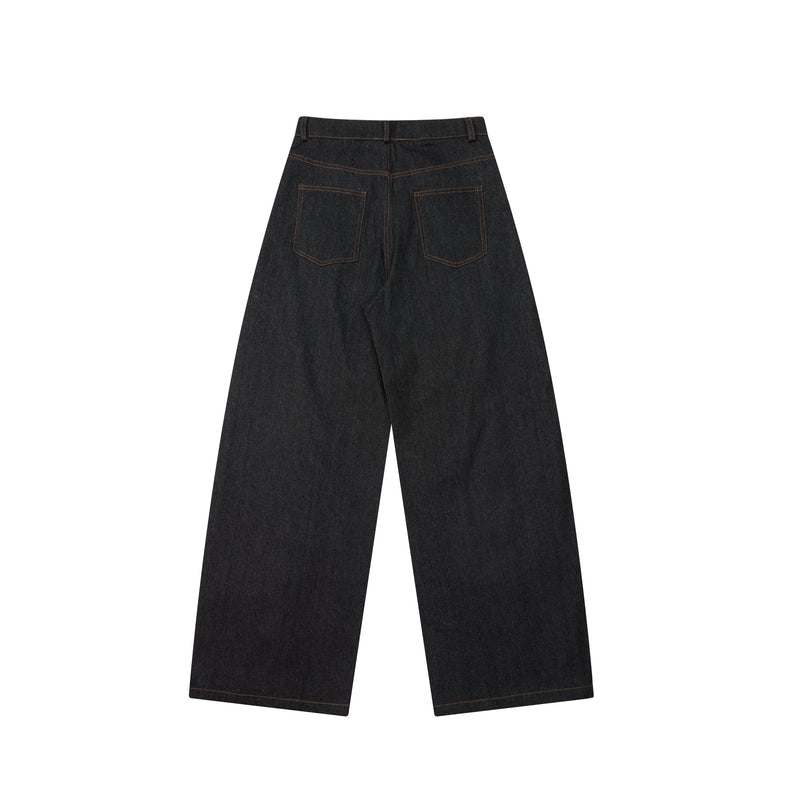 Back view of dark wide-leg denim jeans with two patch pockets and contrast topstitching