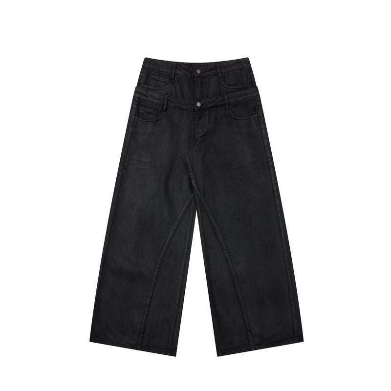 Front view of black wide-leg jeans with a double waistband and five-pocket styling