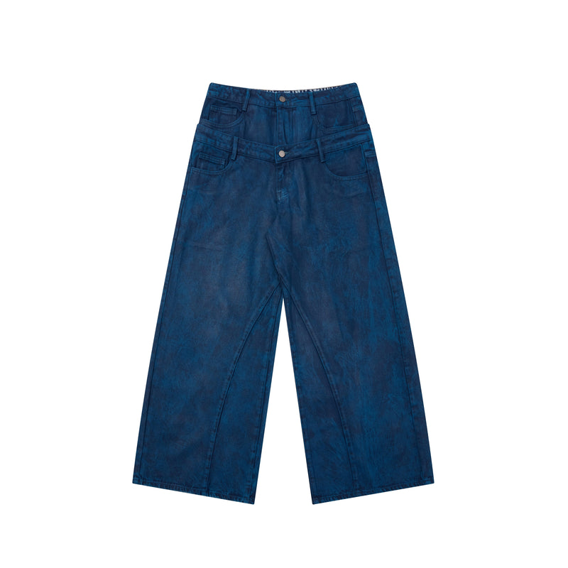 Front view of dark blue washed wide-leg jeans with layered double waistband
