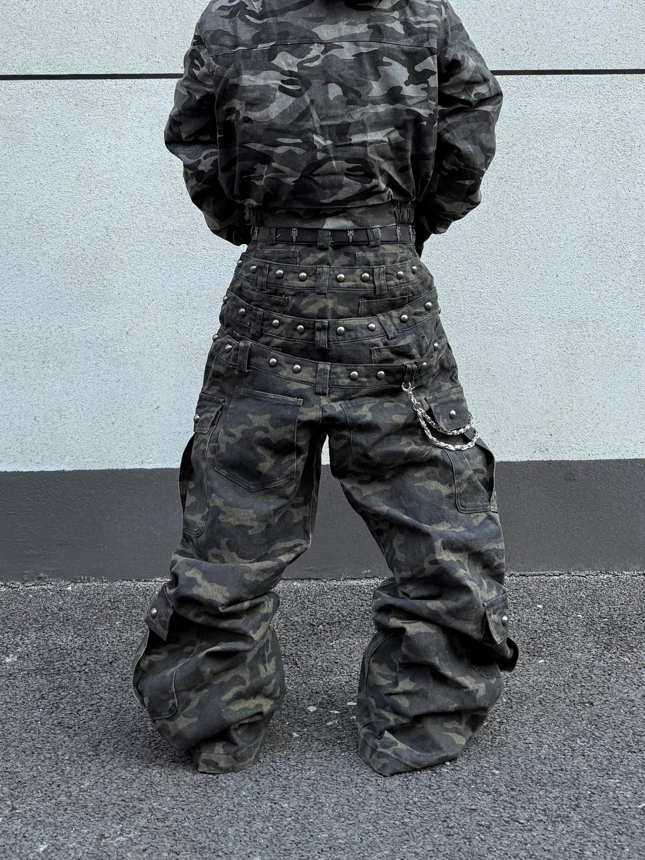 Omirad Camo Wide-Leg Cargo Pants with Studded Belt Detail