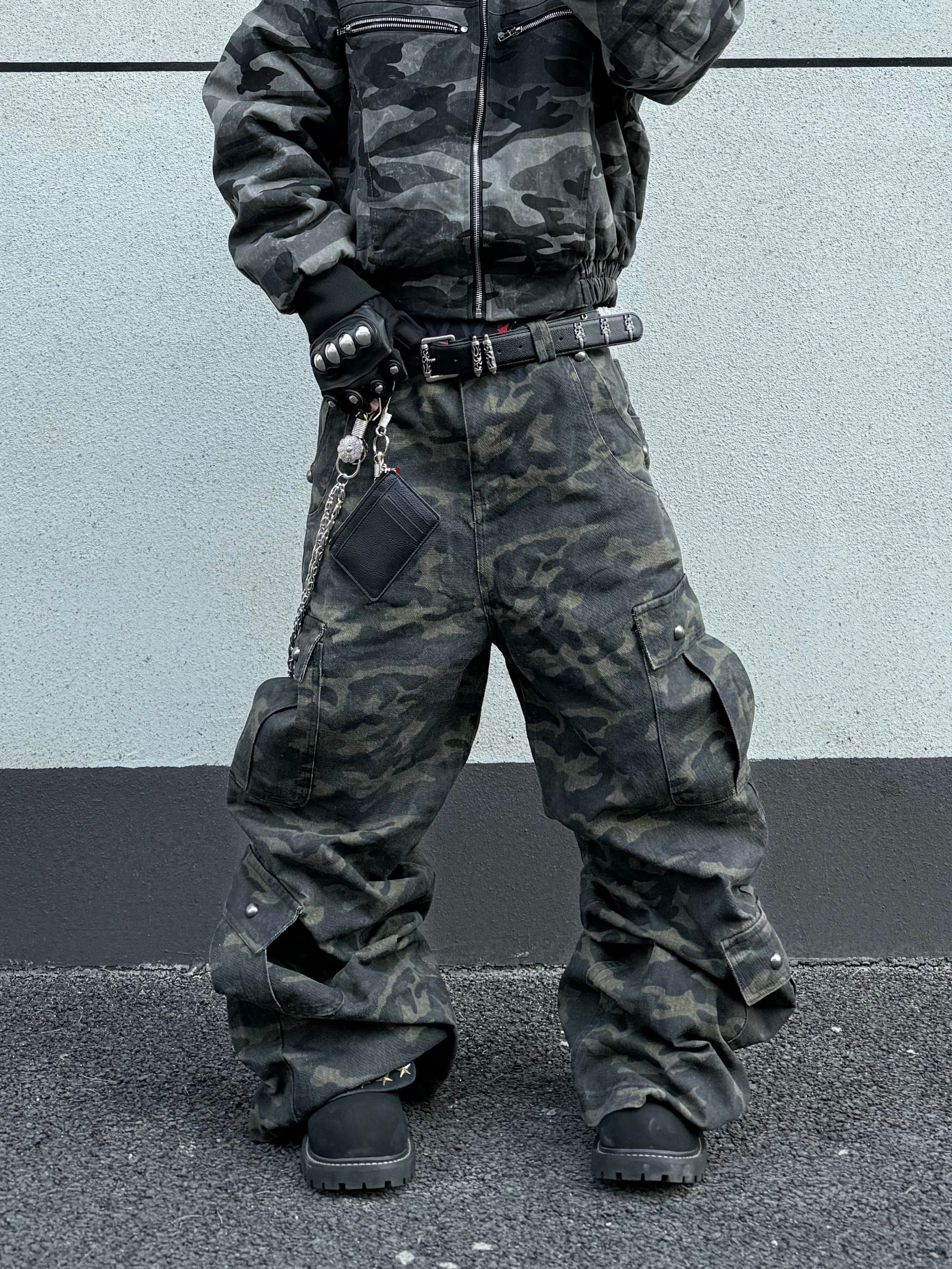 Omirad Camo Wide-Leg Cargo Pants with Studded Belt Detail