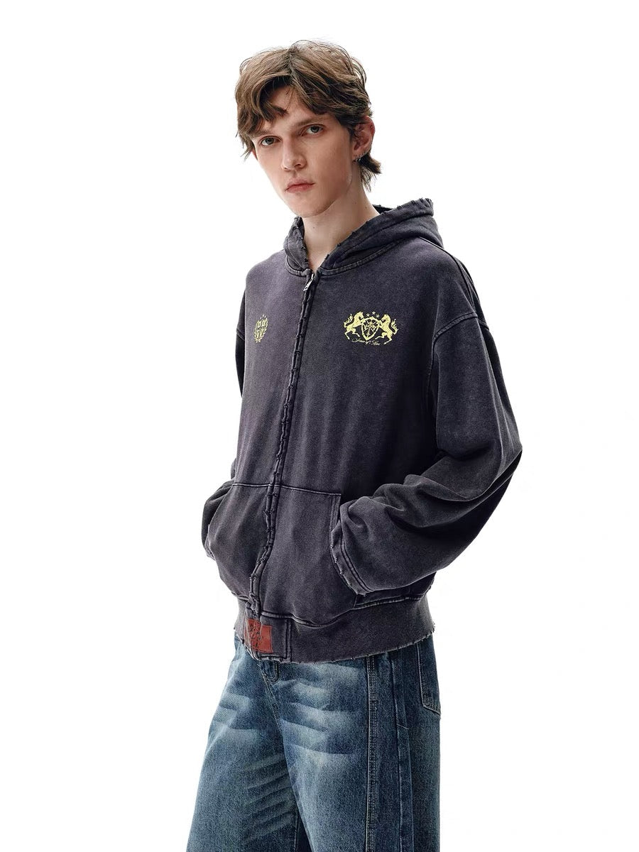 Omirad Vintage Crest Zip Hoodie | 100% Cotton Washed