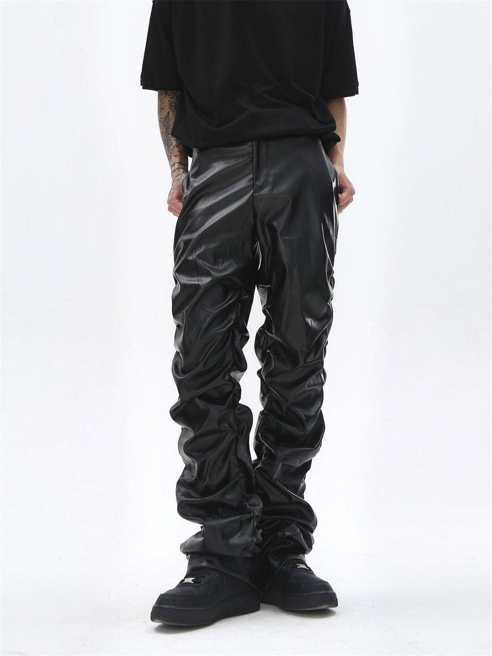 Omirad Ruched Faux Leather Pants | Black PU Straight-Leg