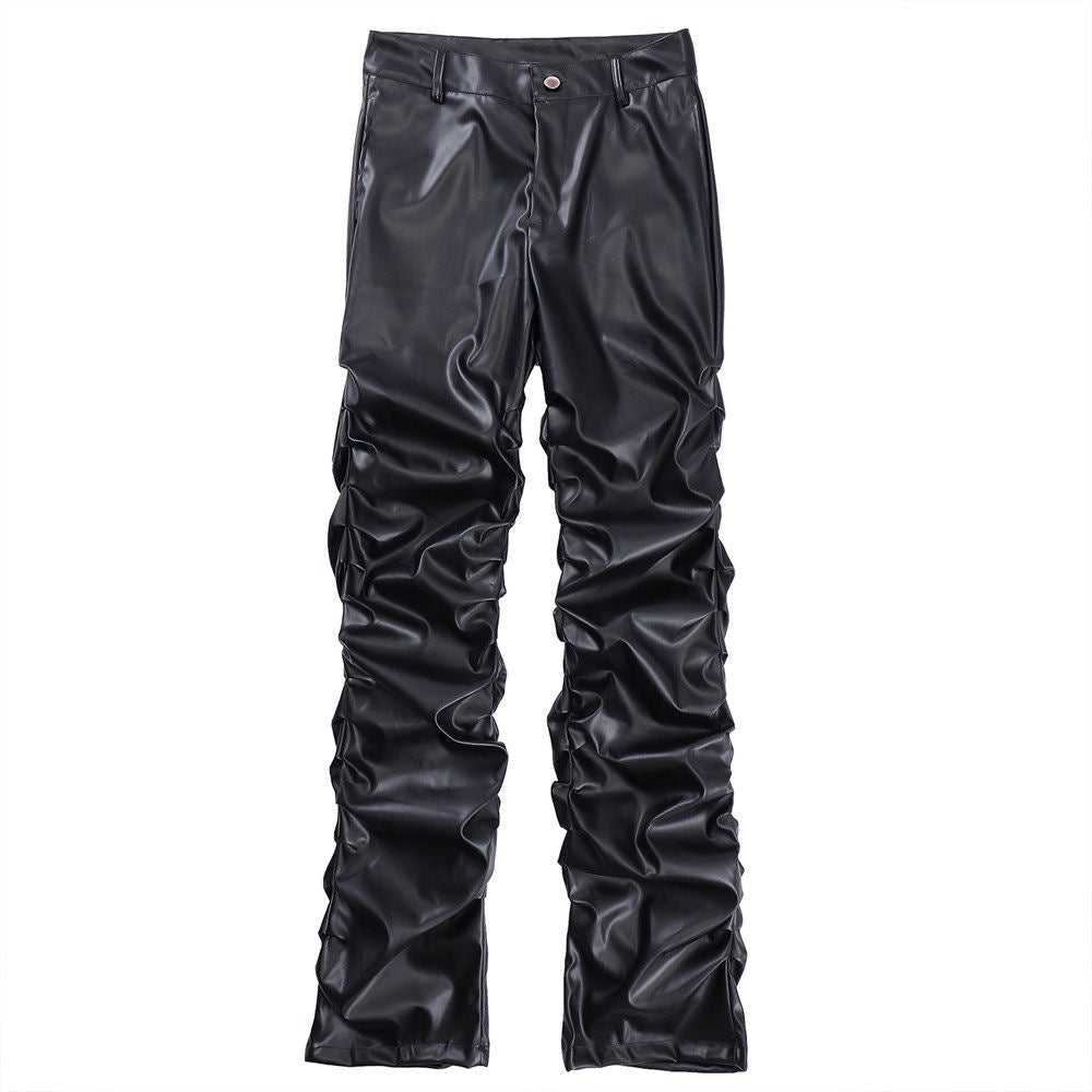 Front view of black ruched faux leather straight-leg pants with button waistband and glossy PU finish