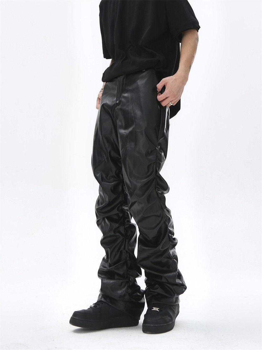 Omirad Ruched Faux Leather Pants | Black PU Straight-Leg