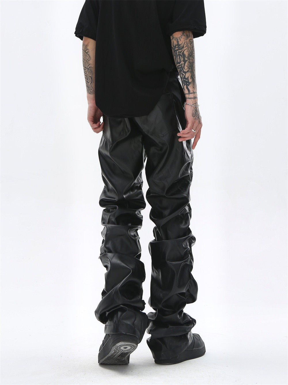 Omirad Ruched Faux Leather Pants | Black PU Straight-Leg