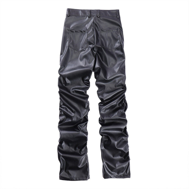 Black faux leather straight-leg pants laid flat, back view with ruched legs and patch pockets