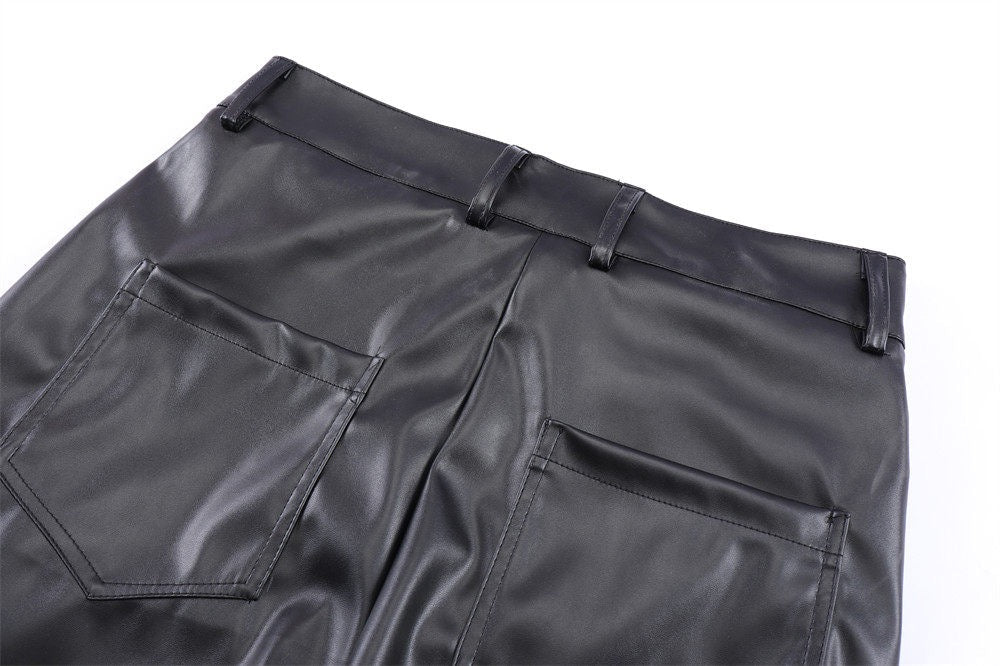 Omirad Ruched Faux Leather Pants | Black PU Straight-Leg
