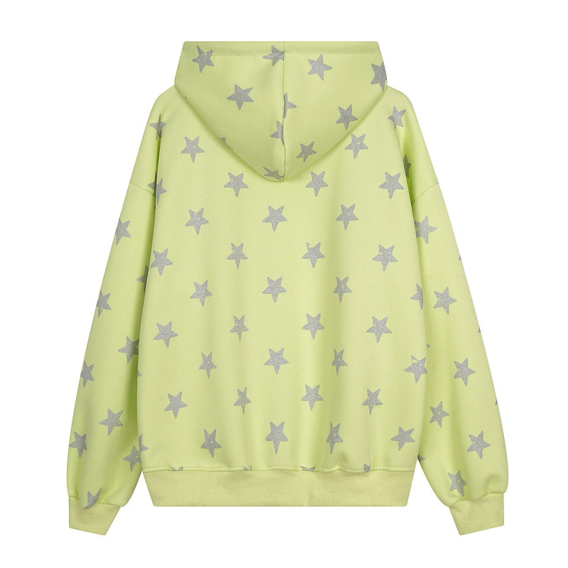 Lime green star print hoodie, back view with hood and ribbed hem